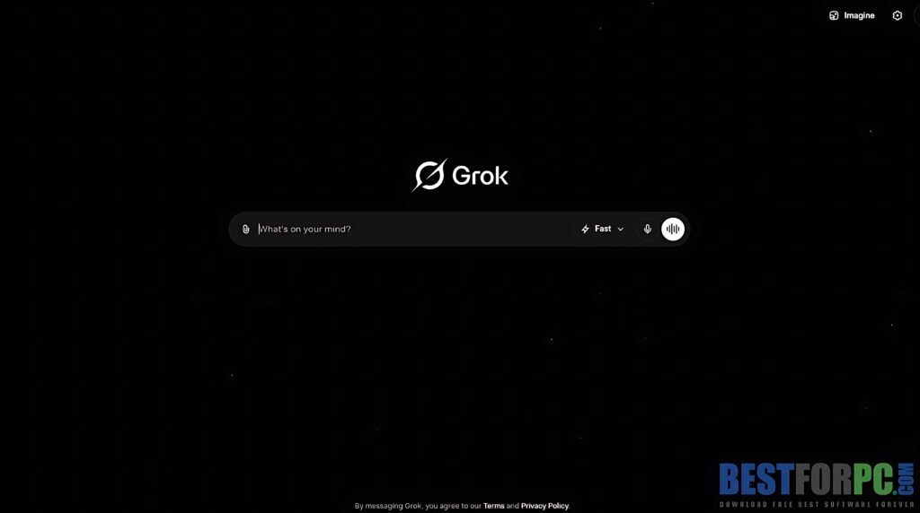 Grok AI conversational assistant interface showing the AI chat platform developed by xAI