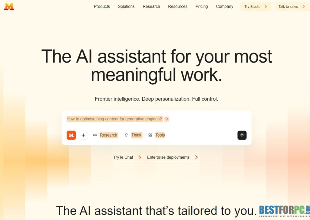 Mistral AI dashboard interface showing AI assistant workspace and research tools in 2026