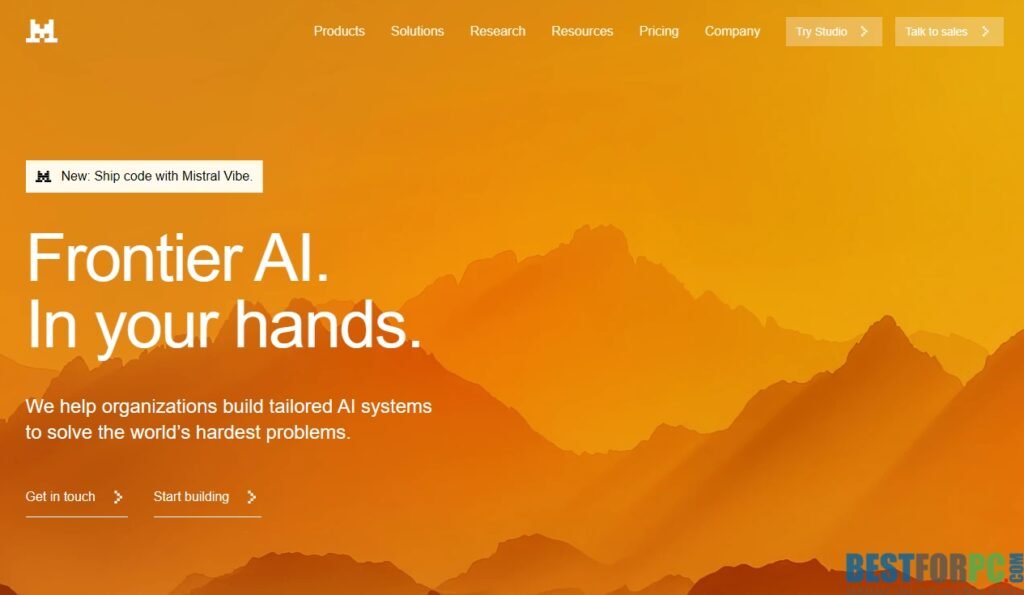 Mistral AI Frontier AI homepage banner showing enterprise AI solutions platform