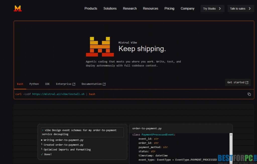Mistral Vibe coding assistant interface showing AI-powered development and automation tools